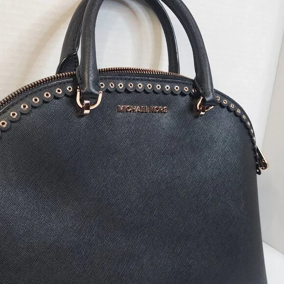 Michael Kors Emmy Dome Black Saffiano Leather Large Satchel w/ Rose Gold Tone - Picture 2 of 11